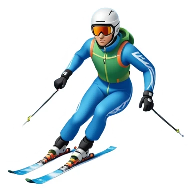 An icon featuring snowy peaks, pine trees, and a picturesque mountain landscape with a skier racing down a snow-covered slope. The sky is blue with soft clouds, capturing the thrill and beauty of alpine skiing. Transparent background highlights the excitement and serenity of winter sports. sticker