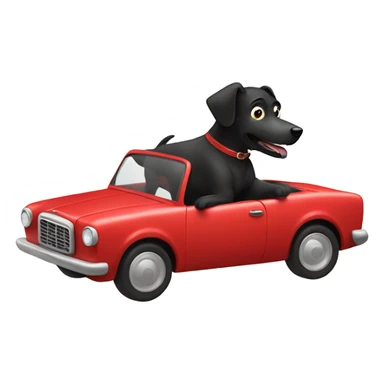 Black mean dog riding in red car with a stripe on it sticker