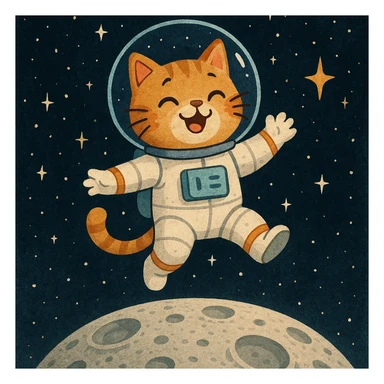 astronaut cat with helmet, floating above the moon, playful expression sticker