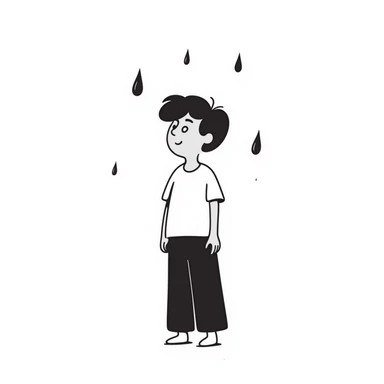 Lonely boy standing in the rain, raindrops falling around him sticker