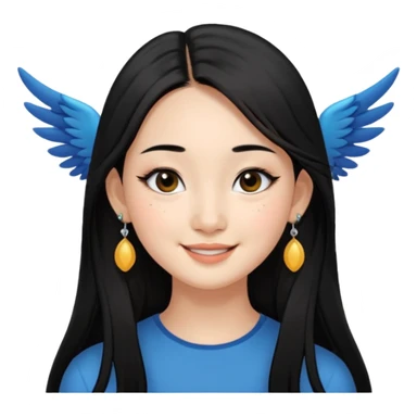 A Asian girl with fare skin and earrings, long straight black hair that is covering her checks with black eyes, smiling with a open wings eyeliner, mole near her nose of the right side sticker