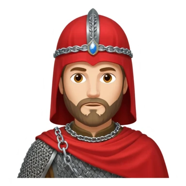Russian prince Alexander Nevsky in chain mail and with red mantle and with Rus helmet and beard sticker