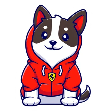 Dog wearing a Ferrari hoodie sticker