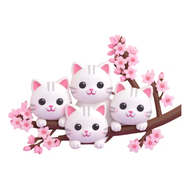 3D iOS emoji-style branch of cherry blossoms with adorable white cats peeking out, rounded shapes, shiny highlights, light pink background sticker