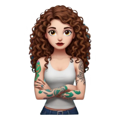 full body view of a woman with long curly brown hair, brown eyes, white skin, tattoos, arms crossed, eyebrow raised, neon forest chaos behind her sticker