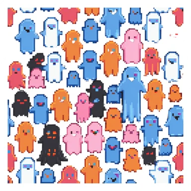 The four classic Pacman ghosts (red, pink, blue, and orange) in 8-bit pixel art style sticker