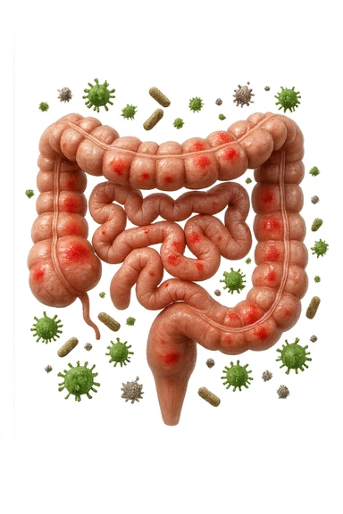 intestino anatomico realistico con red spot di infiammazione CON VARIE PARTICELLE TOSSICHE CHE CERCANO DI ATTACCARLO, IPERREALISTICO 4K sticker