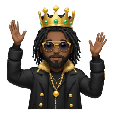 African American man with shoulder length black dreadlocks with black beard wearing  dark black sunglasses with a black bubble winter coat wearing a crown with arms raised with light around him sticker