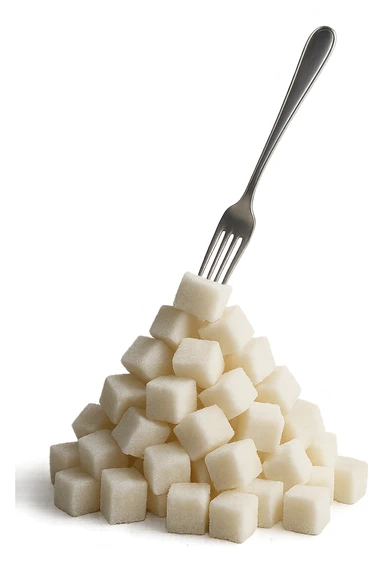 monagna di zollette di zucchero con una forchetta appizzata sopra, iperrealistico 4k sticker