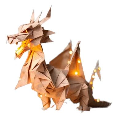 Beige Origami dragon made of newspapers on fire surrounded by fairy lights swirls covered in dried flowers bokeh library bunting floral flowers fire flames sticker