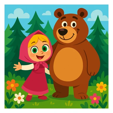 cartoon of a happy blonde girl in a pink dress and headscarf, with big green eyes, standing beside a gentle, round-bellied brown bear, both smiling in a lush pine forest with colorful flowers, bright lighting, clean background sticker