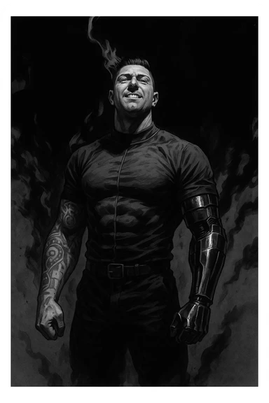 Black and white comic book panel of an extremely muscular African American man with cybernetic implants standing in the dark, surrounded by smoke. He is wearing a long-sleeved shirt with a high collar, and his chest is sculpted. sticker