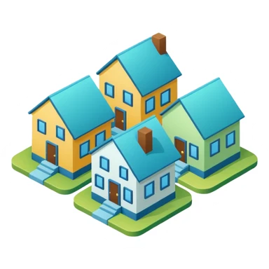 group of 3 houses representing neighborhood isometric houses on transparent background similar in style to the iphone icons houses should be colored in blue and green details sticker