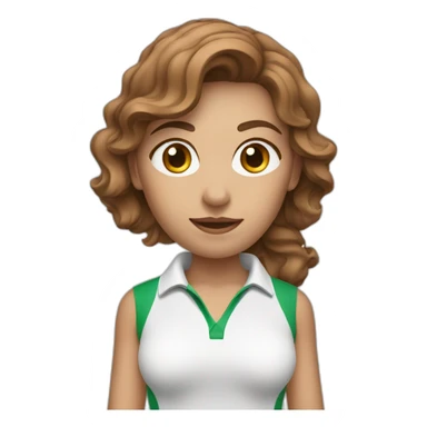 female with brown wavy hair dressed in golfwear holding golf ball sticker