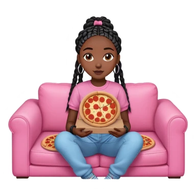 A dark skinned black girl with black box braids with a pizza box, on a pink couch in comfy outfit sticker
