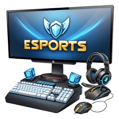 An icon featuring a gaming setup with a high-tech monitor displaying a competitive game, a keyboard, and a gaming mouse. The design includes a headset and a trophy, symbolizing victory and skill in esports. Transparent background highlights the energy and precision of professional gaming. sticker