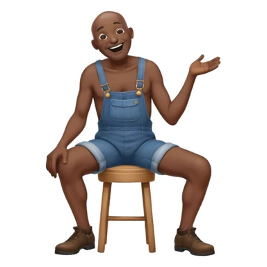 Side view Laughing telling story Old bald blind black man sitting on stool wearing overalls no shirt sticker