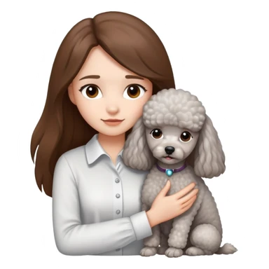 A girl with long straight hair and a white shirt hugs a small light gray poodle sticker