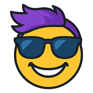 Edit the emoji to have more vibrant colors, add cool sunglasses as an accessory, and give a big cheerful smile. The style should be minimalistic with bold lines, bright colors, and playful, resembling an emoji style with no background. sticker