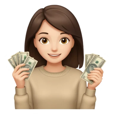 brunette girl in beige sweater happy with money in hands sticker