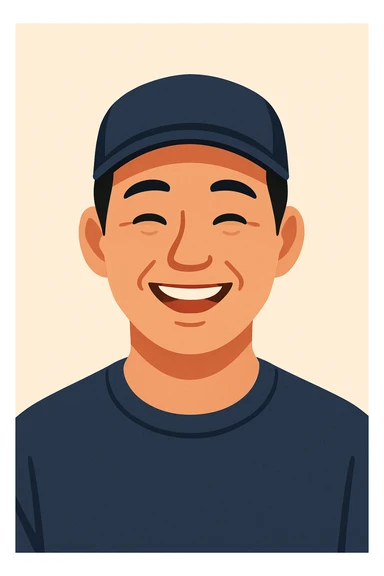 Chinese man wearing a cap, flat illustration style, cheerful, plain background sticker