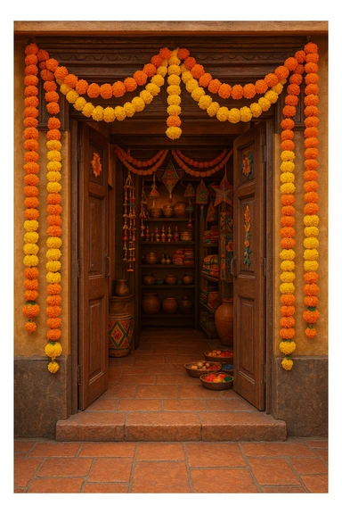 an Indian shop decorated with marigold garlands, open door, welcoming, no text sticker