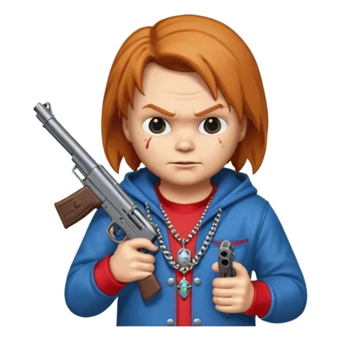 Chuky con pistola encapuchado y con collares sticker