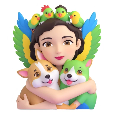 Dark short hair, dark brown eyes with pale skin and thin eyebrows girl hugging a welsh corgi. And a green-reddish lovebird on her head with yellow, blue love birds around her. sticker