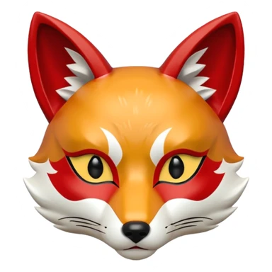 a japanese kitsune fox mask, smooth matte plastic surface, soft gradient lighting, white base with red and gold face markings, small triangular fox ears, calm and mysterious expression sticker