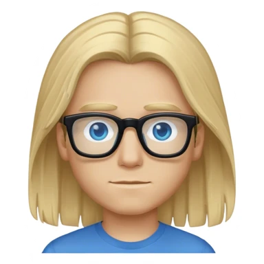 Boy with long blonde hair, blue eyes, black glasses, and a blue shirt  sticker