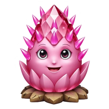 A single cute pink crystal cluster character, chunky round base with many tall rose-pink crystal spikes growing upward like a quartz cluster, faceted and slightly imperfect, on the front of the base a kawaii face with big shiny eyes and a happy open smile sticker