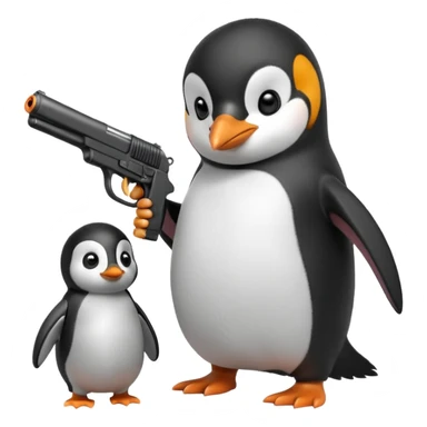 Penguin holding a gun and shooting a baby penguin sticker