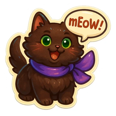 Fluffy cute silly smiling happy dark-brown cat with green eyes and a purple scarf saying ‘mEoW~!’ (With a speech bubble) sticker