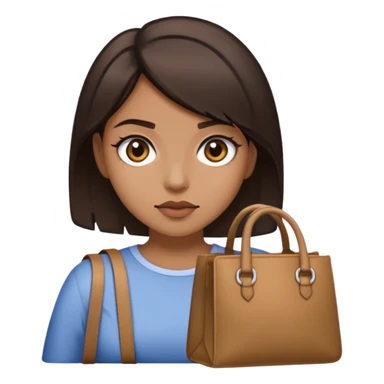 lady with short, slightly messy dark brown hair, sharp eyes, bags sticker