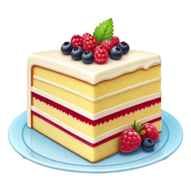 Cinematic luxurious slice of cake, delicate layers of moist sponge and rich frosting, beautifully decorated with fresh berries and a glossy glaze, soft glowing light, elegant and indulgent. sticker