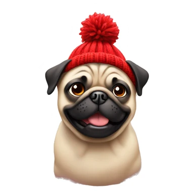 Cheerful pug in a red Knitted hat sticker