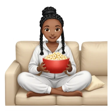A dark-brown-skinned Black woman with black box braids, holding a large bowl of popcorn in her lap, smiling , wearing comfy loungewear sitting on couch sticker