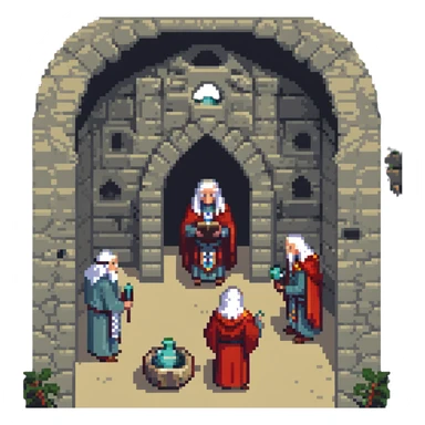 conclave of wise elders in an ancient stone chamber pixel art style sticker