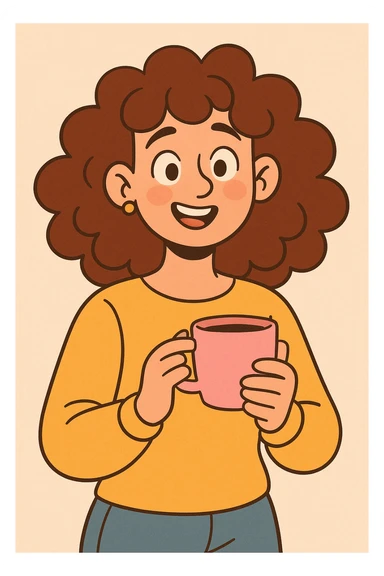 young white woman with curly brown hair, holding a pink coffee cup, soft and warm cartoon style sticker