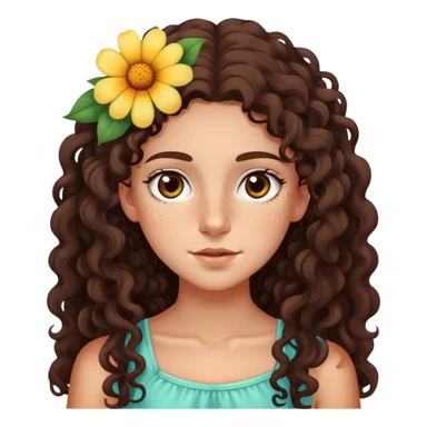 White teenage girl with long dark brown curly hair, big brown eyes and freckles with a flower in her hair and tan lines sticker