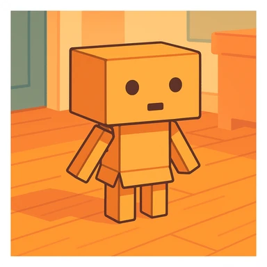 small cardboard robot named Danbo standing alone in the middle of a softly lit room, square head with two round black eyes and a small rectangular mouth, body made of folded cardboard panels, jointed arms and legs, cartoonish style with clean lines and pastel colors, warm wooden flooring, soft shadows, cozy and nostalgic atmosphere sticker