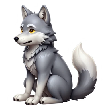 cinematic-[wolf]-realistic-full-body-sitting-emoji,-tail-resting-loosely-beside-its-paws,-head-tilted-dramatically, -scruffy-[grey]-fur,-simplified-yet-realistic-focused-features,-highly-detailed,-glowing-with-an-almost-sarcastic-glow sticker