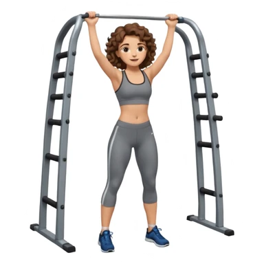 full body, very beautiful italian girl, looking like Emma Watson, with curly and big volume very bright brown hair, workout clothes doing a pullup

 sticker