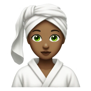 A girl with green eyes with a mask on her face, wearing a white towel on her head and a white robe sticker