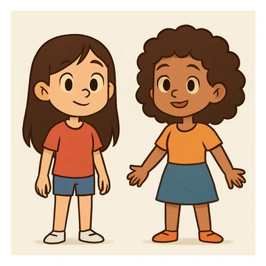 Slightly increase the volume of the upper body of the girl, significantly spread them apart from each other, make the skin color the same for both characters, keep the cartoon style as in the reference image. sticker