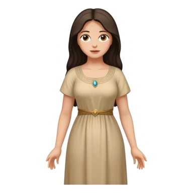 fullbody Mary Magdalene, fit and buxom body, very pretty detailed face, normal height, plain light tan dress, arms down with hands by hips, dark hair sticker