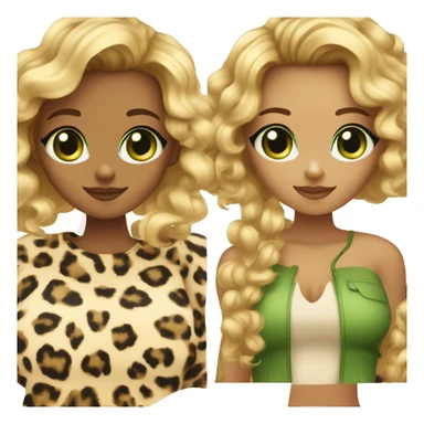 tanned girl with curly blonde hair with highlights. leopard top and black cat with green eyes sticker