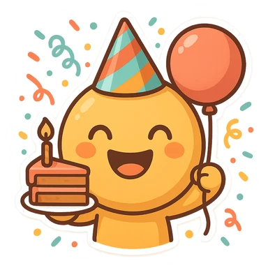 smiling emoji face celebrating birthday, colorful party hat, cake slice in one hand, balloon in the other, confetti background, bright cartoon look sticker