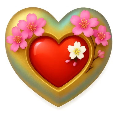 Make the sakura petals huge, keeping the gold, silver, and rainbow shimmer highlights on the heart with a sakura blossom overlay. The style should resemble apple emoji style with no background. sticker
