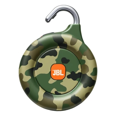 Ultra minimal JBL Clip 4, extremely simplified circular shape with tiny carabiner, just a few green camo spots, small JBL logo, iOS emoji style sticker
